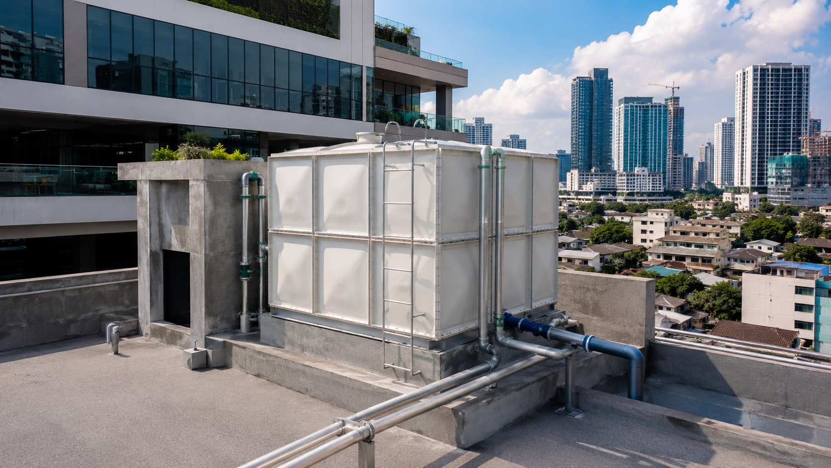 FRP modular water tank installed on a commercial building rooftop with city skyline in the Philippines