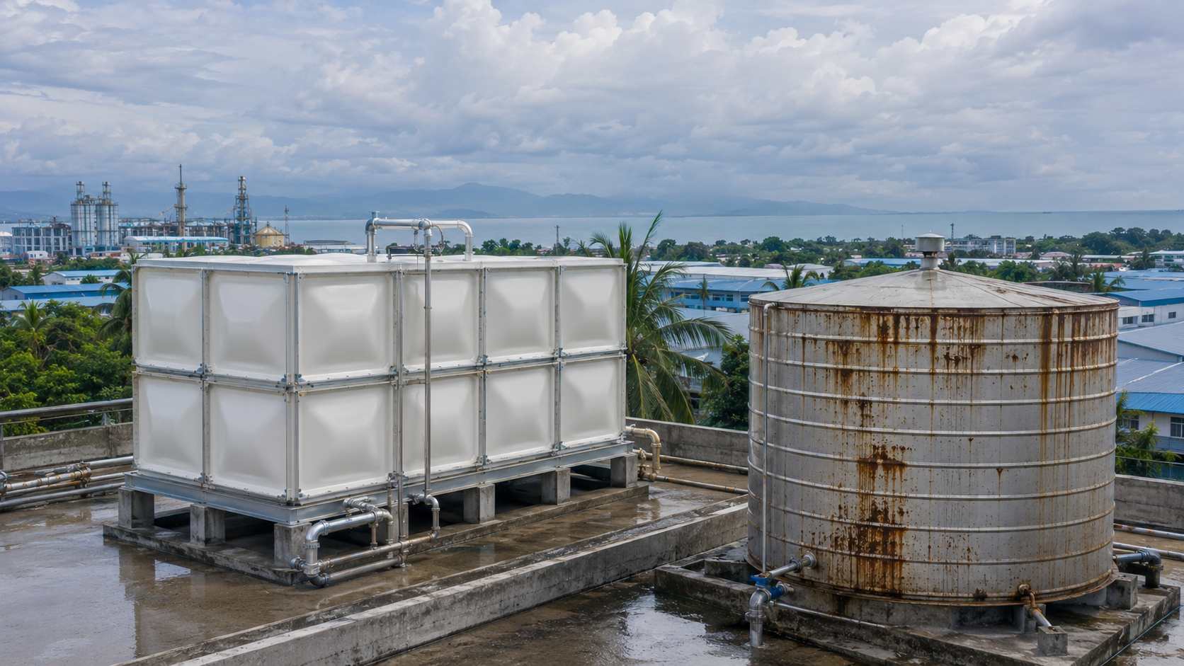 Clean FRP modular water tank beside a rusted traditional steel water tank showing corrosion resistance comparison
