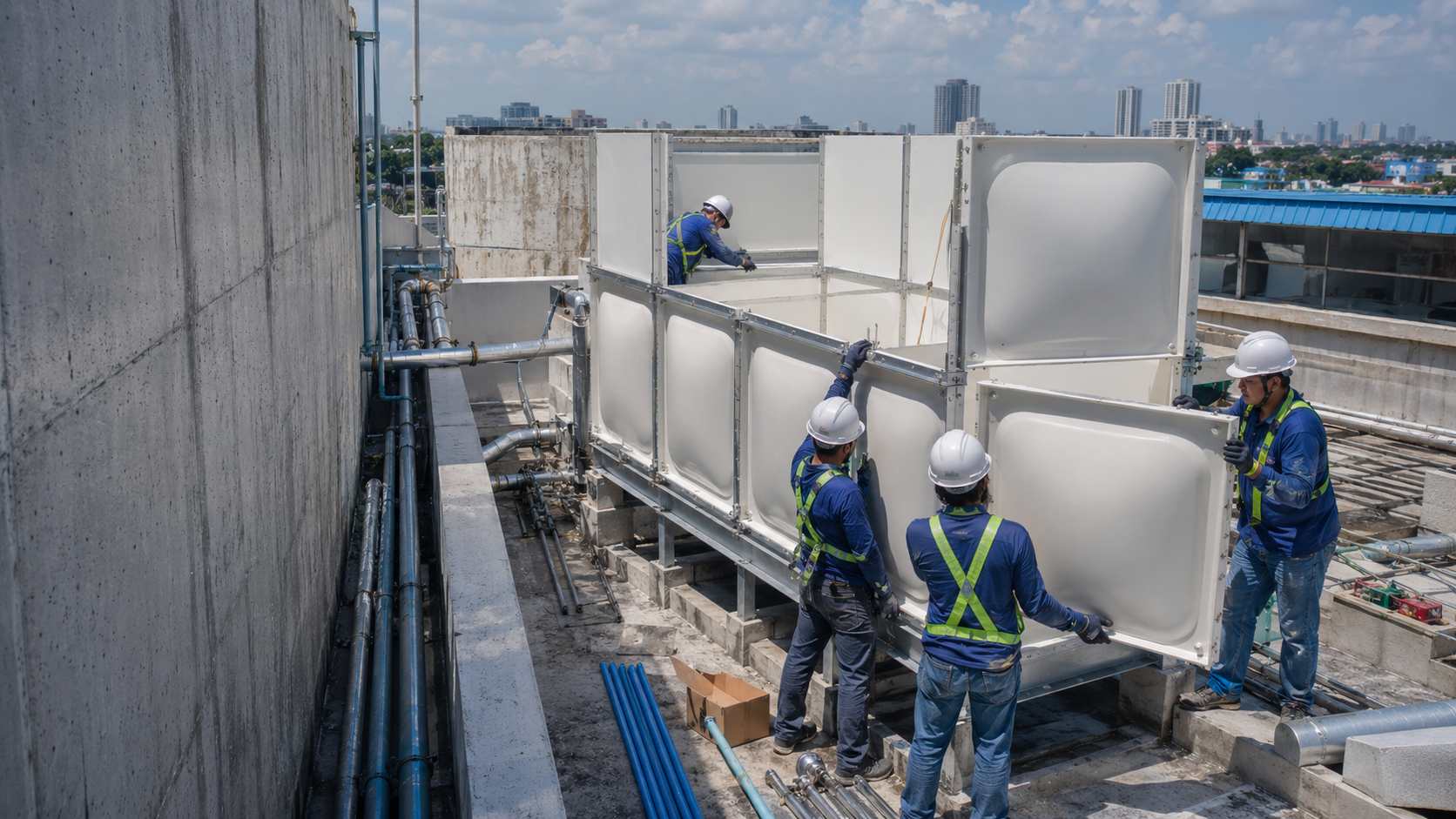 Workers assembling an FRP modular water tank panel by panel on a restricted commercial rooftop site