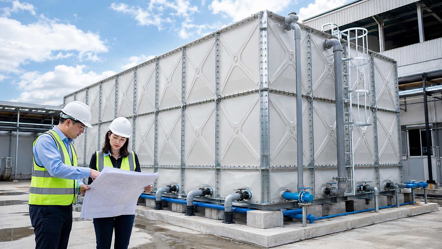 Engineer inspecting an FRP modular water tank with pipework, valves, and access ladder for capacity planning