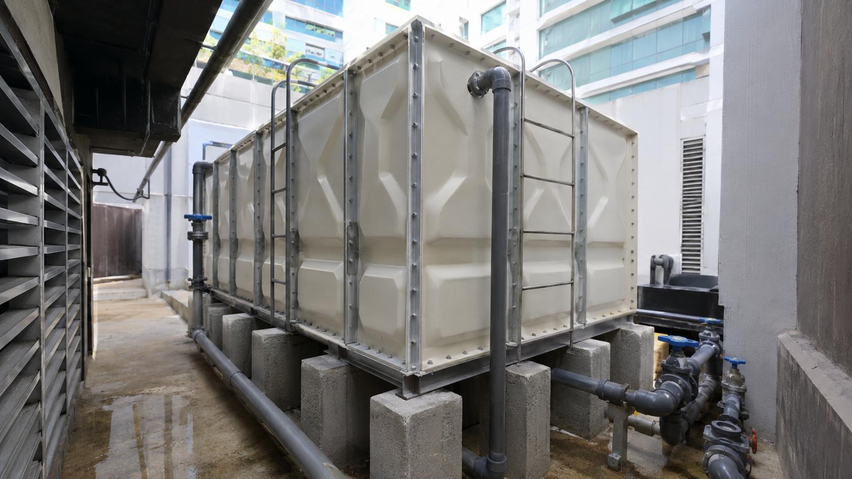 FRP modular water tank installed in a restricted rooftop service area with concrete supports and utility piping