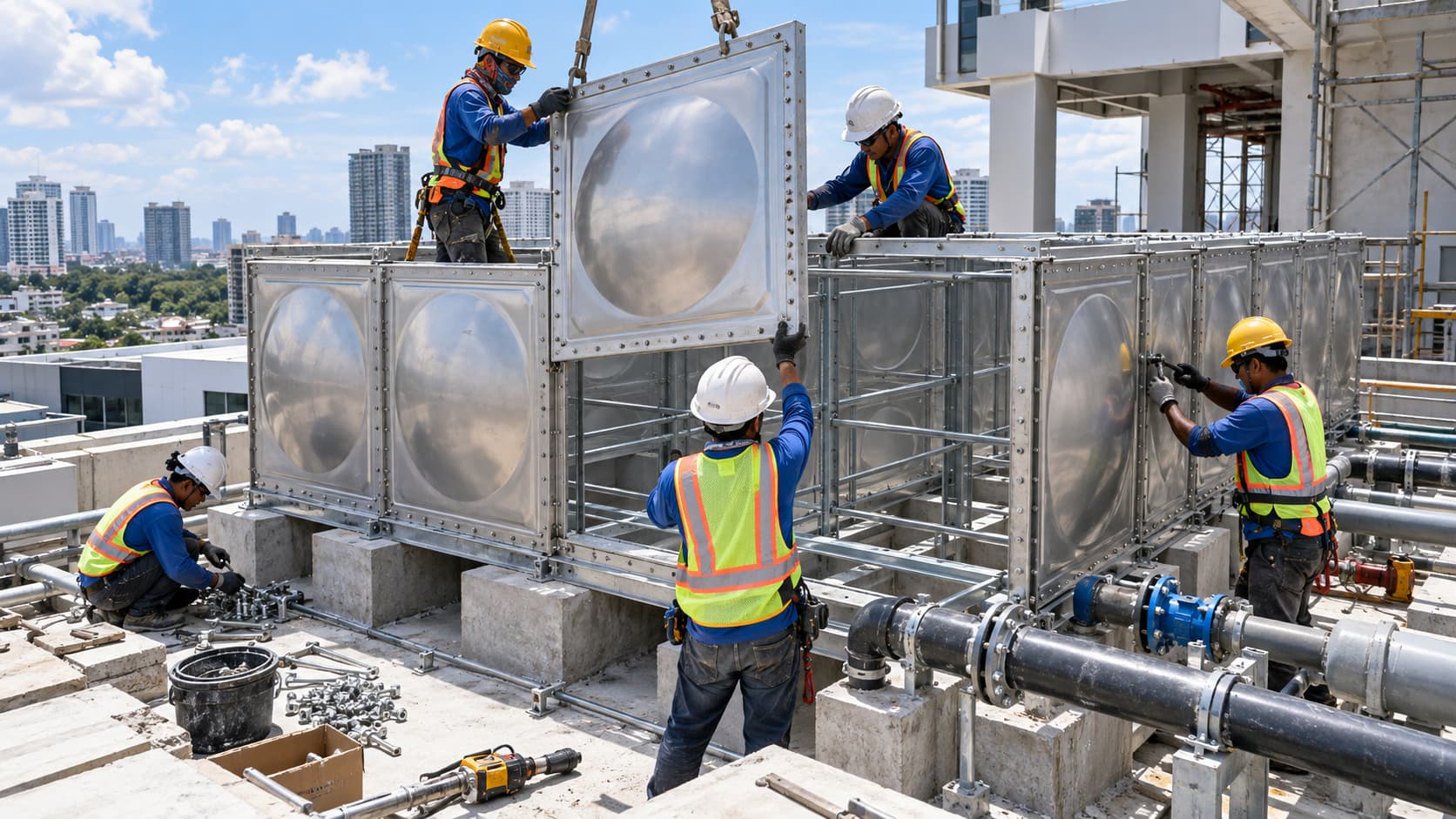 Workers assembling modular tank panels inside a commercial development site or rooftop service area