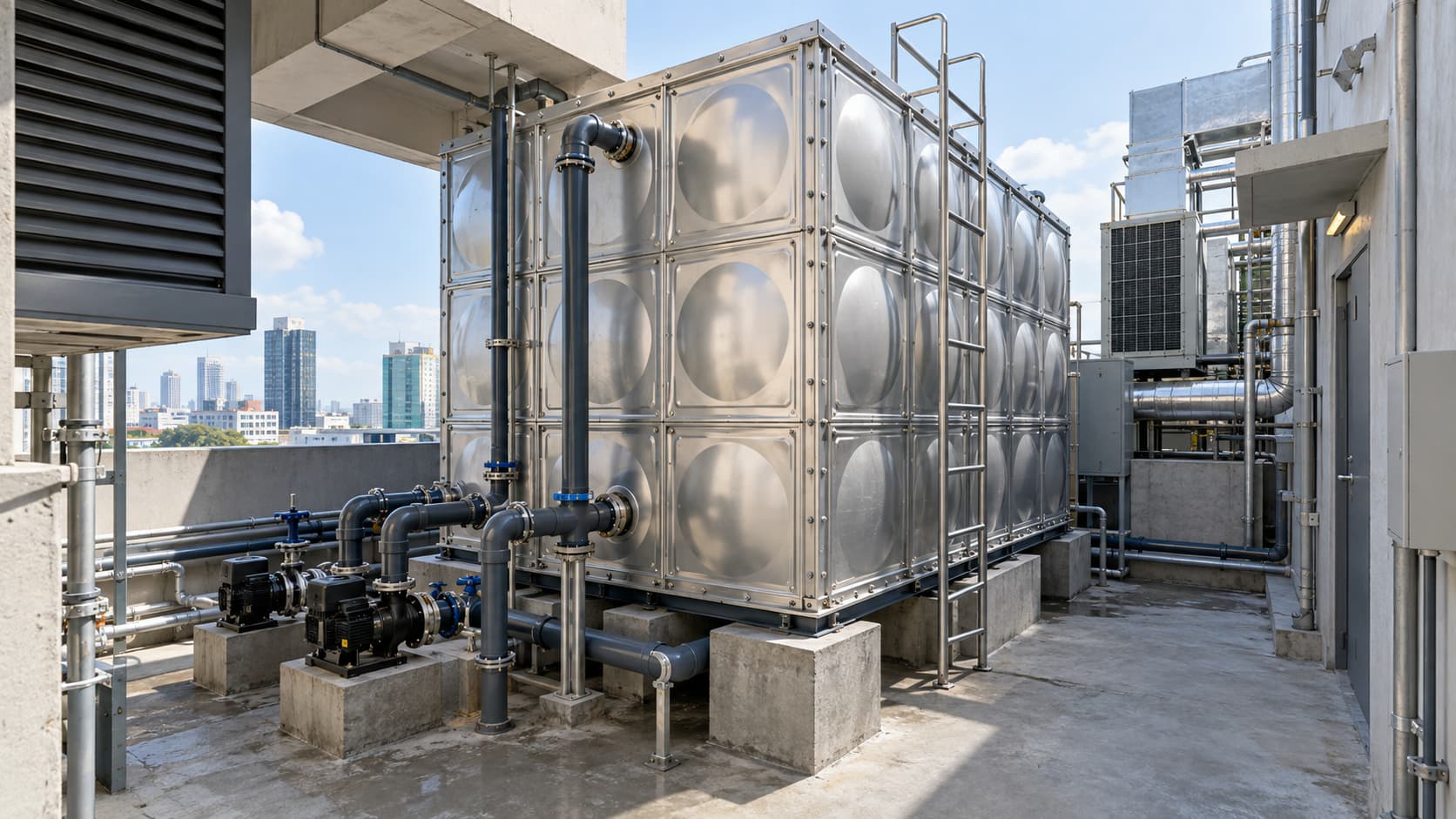Modular water tank installed in a compact commercial building service area with utility piping