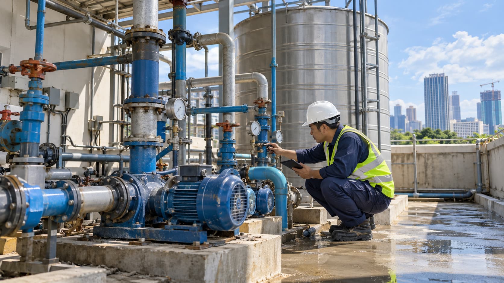 Maintenance worker inspecting pumps and piping affected by insufficient water storage capacity