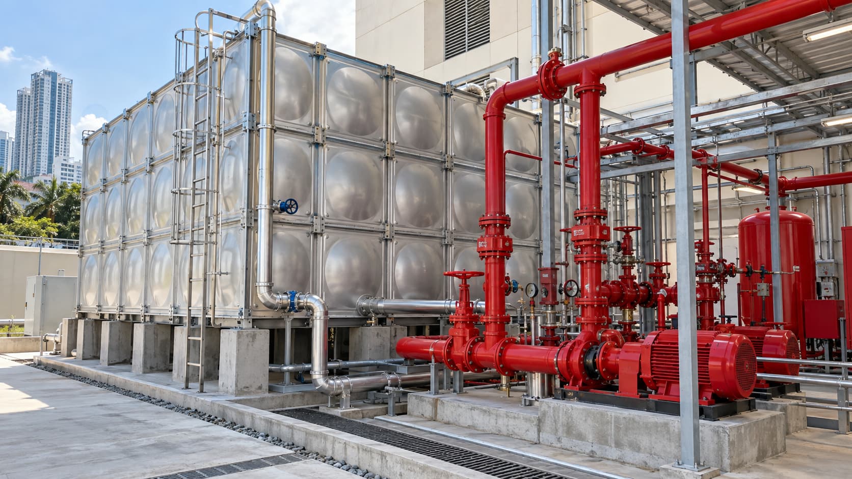 Modular water tank connected to fire protection piping and emergency water reserve system in a commercial building